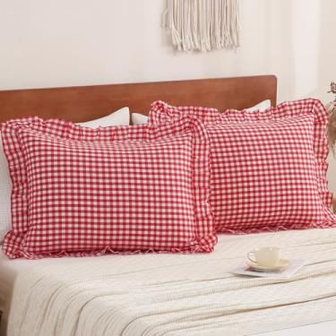 Imagem de YHJWW Fronhas de travesseiro vermelho guingão com babados, 100% algodão lavado, sensação de linho, macio, confortável, tamanho padrão, xadrez, fofo, conjunto de 2 fronhas (50 x 66 cm, fecho de