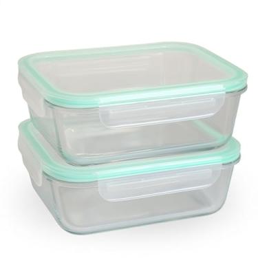 Imagem de Kit 2 Potes de Vidro Herméticos Retangulares 640ml com Tampa de Silicone para Armazenar e Conservar Alimentos (Verde)