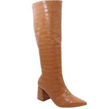 Imagem de Bota Feminina Bico Fino Cano Alto Salto Médio Fashion Moda, Alta Feminina, Estilo Festa, Estampa Croco (Caramelo, 36, BR, Adulto, Numérico, 36)