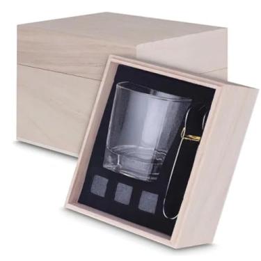 Imagem de Kit Copo para Whisky + Pegador de Gelo + 3 Cubos de Pedra-sabão e Caixa de Madeira