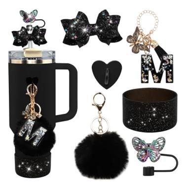 Imagem de Conjunto de 6 peças de acessórios para copo Stanley preto - tampa de cobertura de palha de borboleta, laço brilhante para canudo, bota de silicone brilhante, pingente de letra e pompom para copos