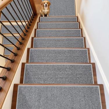 Imagem de Tapete de escada antiderrapante – Pacote com 28 20,3 cm x 76,2 cm para degraus de madeira, tapete lavável para escadas, resistente a manchas e bordas para cães e crianças (28 peças, cinza)