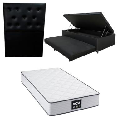 Imagem de Cama Box Baú Solteiro com Auxiliar (Bicama) + Colchão Doss Molas Ensacadas 30cm | Kit Completo com Cabeceira Botonê Opcional | Diversas Cores (3, CORINO PRETO, COM CABECEIRA)