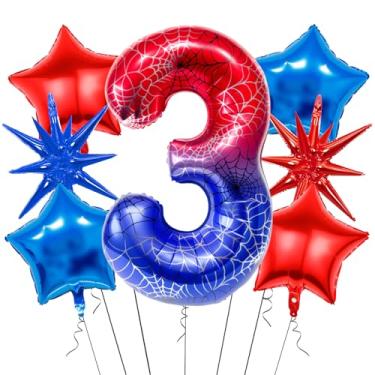 Imagem de 7Pcs 40 inch Spider Theme Number 3 Balloons, Large Red Blue 3 Balloon Number Set with Exploding Star and Star Foil Balloons for Birthdays and Spider Themed Parties