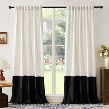 Imagem de Cortinas de veludo para sala de estar creme preto marfim 304,8 cm de comprimento, 2 painéis, cortinas blackout modernas com bloco de cores, bolso traseiro para varão, cortinas à prova de som, para