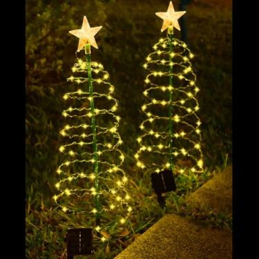 Imagem de MINTSSOUL Pacote com 2 árvores de Natal em espiral solar com luzes brancas quentes, marcadores de caminho de Natal com iluminação externa de 91 cm com estaca, luzes de ligar/desligar e à prova d'água