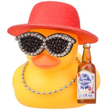 Imagem de MuMyer Ornamento de carro de pato de borracha, acessórios de painel de decoração de carro de pato amarelo engraçado com colar de cartola e adereço exclusivo (6,9 cm)