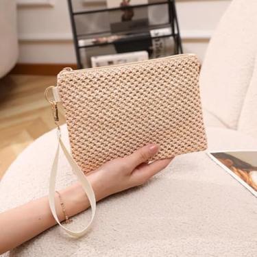 Imagem de Bolsa clutch feminina de palha, bolsa de pulso vazada para praia, bolsa pequena para telefone, dinheiro e itens essenciais, Bege