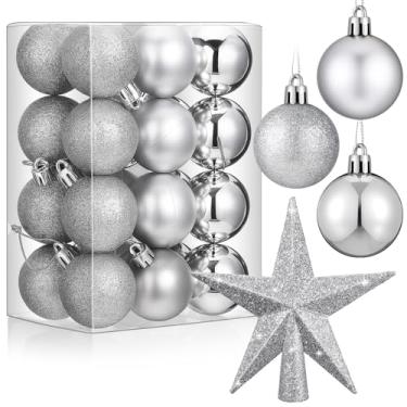 Imagem de RoundFunny Conjunto de 25 mini enfeites de bolas de Natal, enfeite de bola de 3,8 cm, enfeite de bola de estrela para decoração de festa (prata)