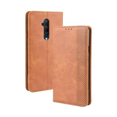Imagem de Capa para OnePlus 7T Pro,Retro Flip magnético,Caso de telefone de couro PU,Design de carteira com 3 slots de cartão e 1 clipe de dinheiro -Brown
