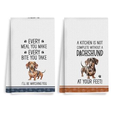 Imagem de XFN 2 peças de toalhas de cozinha engraçadas para cães 61 x 35 cm, toalhas de prato fofas de tecido waffle de dachshund para cozinha doméstica, toalha de chá de microfibra branca absorvente, presentes