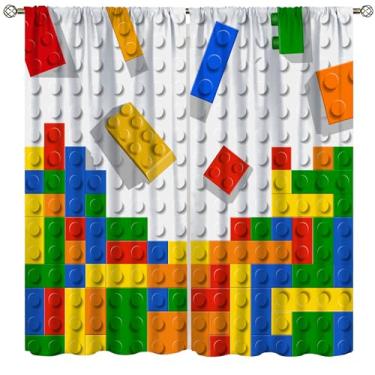 Imagem de AAVEUP Cortinas de blocos de montar, brinquedo construtor de tijolos geométricos coloridos abstratos, quebra-cabeça, janelas, tratamentos de varão, cortinas para berçário, bebê, sala de estar, quarto,