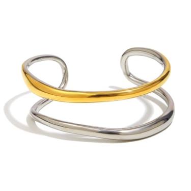 Imagem de Pulseira feminina com duas camadas de aço inoxidável, fio grosso, aberto, delicada, banhada a ouro 18K, prata, dois tons, ajustáveis, pulseiras, joias modernas, 64mm Inner Diameter, Aço inoxidável
