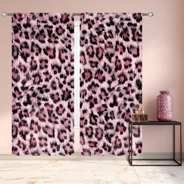 Imagem de Cinbloo Cortinas com estampa de leopardo rosa 132 x 213 cm de altura com bolso para varão, vintage, selvagem, safári, estampa de arte de vida selvagem, retrô, moda, sala de estar, quarto, cortinas