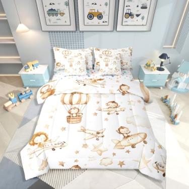Imagem de Erosebridal Jogo de cama solteiro de avião infantil, 7 peças, desenho animado, aeronave com lençóis, balão de ar quente, nuvem, cama em uma bolsa, macaco fofo, leão, vida selvagem, para quarto de