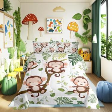 Imagem de Jogo de cama king com macaco fofo, folhas de palmeira tropical, para decoração de quarto de meninas, meninos, macaco, animal, desenho kawaii, vida selvagem, conjunto de colcha com 2 fronhas