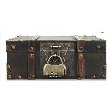 Imagem de ELLDOO Baú de tesouro de madeira com fechadura, baú de pirata cinza vintage para presentes infantis, caixa decorativa de armazenamento de tesouros feita à mão para joias e moedas colecionáveis, médio