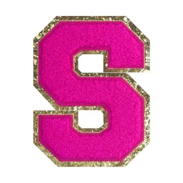 Imagem de 1 peça de patch de letra de chenille rosa de 11,4 cm com borda dourada – Remendos do alfabeto para roupas, jaquetas, mochilas, chapéus para decoração personalizada, nome personalizado e artesanato. (P