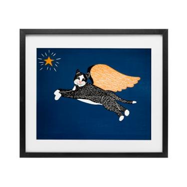 Imagem de Stupell Industries Impressão emoldurada de gato anjo com estrela branca sob vidro, design de Stephen Huneck, 13 x 16