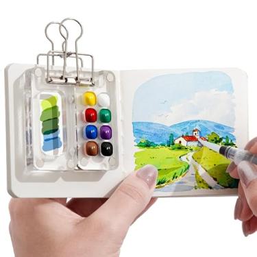 Imagem de Mesenymm Kit de aquarela, mini conjunto de paleta de aquarela portátil, caixa de paleta de tinta de grade de viagem com clipes de fichário inclui 24 cores de tinta - 2 pincéis, caixa de tinta acrílica