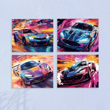 Imagem de 4 peças fantásticas decoração de parede de carro sem moldura pintura artística supercarro pôster arte para paredes, aquarela respingo carro garagem decoração de parede impressões modernas para meninos