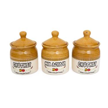 Imagem de Conjunto de 3 potes de cerâmica para picles e chutney com tampa – 300 ml – Suporte vitrificado para condimentos para balcão de cozinha, recipiente de armazenamento de alimentos para especiarias