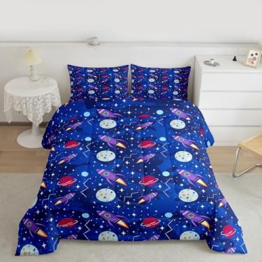 Imagem de Erosebridal Conjunto de cama infantil casal espacial – universo planeta foguete conjunto de edredom para meninos e meninas, edredom camuflado azul escuro, galáxia, lua e estrelas, decoração de quarto