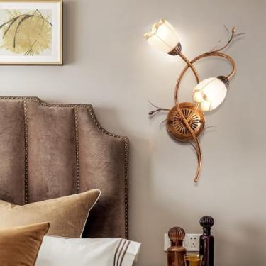 Imagem de Luminária de parede LED americana em formato de flor, estilo pastoral francês, criativa, para sala de estar, quarto, corredor, casa de campo (BB 2 lâmpadas)