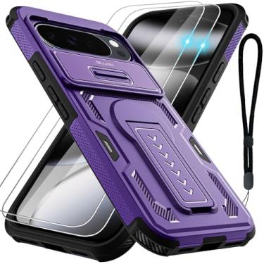 Imagem de GILLKIN Capa para Google Pixel 10 Pro XL com 2 protetores de tela, capa de câmera deslizante, suporte e alça de cordão, capa protetora resistente à prova de choque de 2 camadas de grau militar, roxa