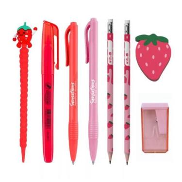 Imagem de Kit Papelaria Fofa Morango Kawaii Lapis Borracha Apontador Caneta Fofa
