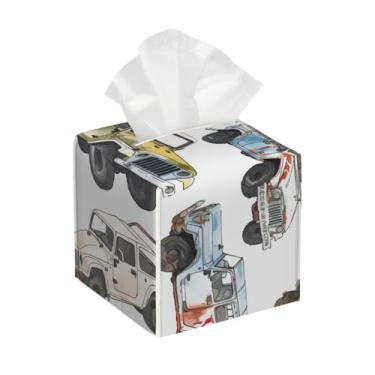 Imagem de Porta-lenços de papel quadrado de couro impermeável caminhão colorido bonito organizador de papel facial com cinto inferior cubo estojo de lenços para mesa, banheiro, escritório, mesa, carro