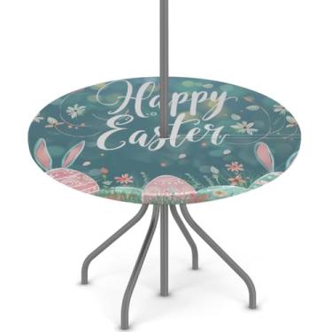 Imagem de hongjinglin Toalha de mesa de Páscoa para uso ao ar livre com orifício para guarda-chuva, toalha de mesa redonda elástica com zíper, impermeável, limpável, para piquenique, festa, pátio, serve para