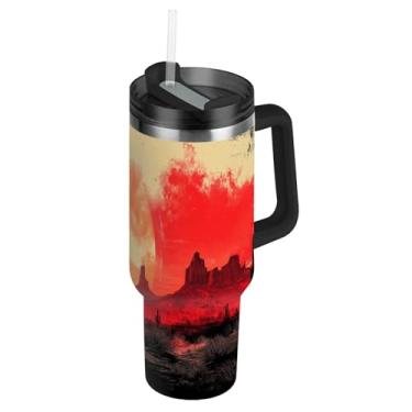 Imagem de Blueangle Copo caubói americano de 850 g com alça e tampa de palha, caneca de viagem de aço inoxidável isolada a vácuo de parede dupla, garrafa de água reutilizável para academia de escritório ao ar