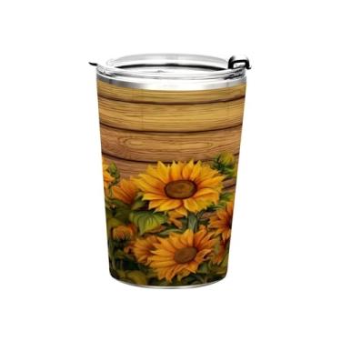 Imagem de Blueangle Copo de 340 g com tampa e canudo, copo térmico de aço inoxidável com isolamento a vácuo, girassóis em placa de madeira, caneca térmica para bebidas quentes e frias (129)