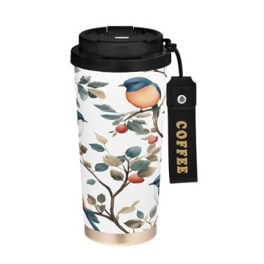 Imagem de SEHANY Caneca de café de viagem Flores e pássaros de 482 g com tampa revestida de cerâmica e à prova de vazamento, parede dupla, copo de aço inoxidável isolado a vácuo para bebidas quentes e frias