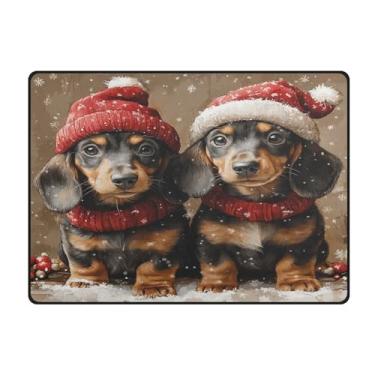 Imagem de Blueangle Tapetes de Natal laváveis de 10 x 13 cm para sala de estar - Tapete ultramacio antiderrapante resistente a manchas com chapéu vermelho, estampa de cachorro de Natal, decoração de férias para
