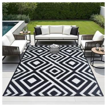 Imagem de SPXMQSS Tapetes externos para jardim, antiderrapante, reversível, fácil de limpar, tapete de plástico dobrável para acampamento, deck, praia, piquenique, quintal, preto 152 x 244 cm