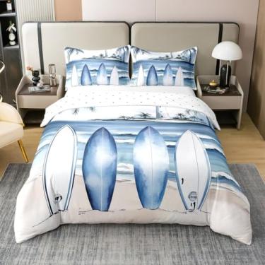 Imagem de Erosebridal Capa de edredom solteiro 100% algodão orgânico, surfista, surfe, temática de surfe, para mulheres e homens, conjunto de cama de praia costeira leve para todas as estações