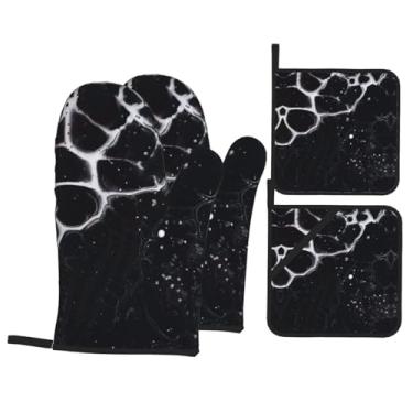 Imagem de Textura de mármore - Conjunto de luvas de cozinha estampadas com suportes de tampa, luvas de forno resistentes ao calor para manusear panelas quentes, grelhar, churrascos, kit de 4 peças.