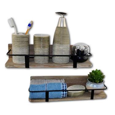 Imagem de Conjunto Spiretro de 2 prateleiras flutuantes para montagem na parede madeira rústica com trilho de metal preto Espresso para armazenamento e organização e exibição para sala de estar, quarto, sala de cozinha, armário de banheiro Estilo rústico Large 16.5 x 5 x 3.5" and Small 14 x 4 x 3" Grey & Rust