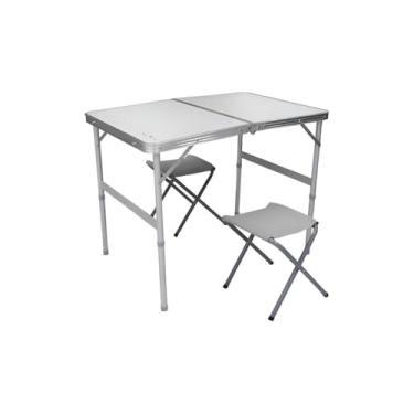 Imagem de Mesa Dobrável Tipo Maleta com 2 Banquetas, Alumínio e MDF Aluminizado, Branca, 90x60x70 cm, Portátil para Camping e Piquenique