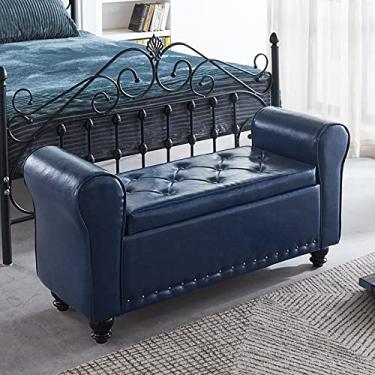 Imagem de FAMEOYA Banco otomano de armazenamento armado de couro PU, banco de armazenamento de braço enrolado, moderno banco de cama tufado, banco de entrada, banco de madeira para sofá, apoio para os pés