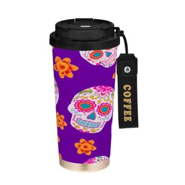 Imagem de STAYTOP Copo de café de aço inoxidável de 500 ml, linda caneca de café de viagem com isolamento de caveira de açúcar com tampa, xícara de café à prova de derramamento, copos portáteis reutilizáveis