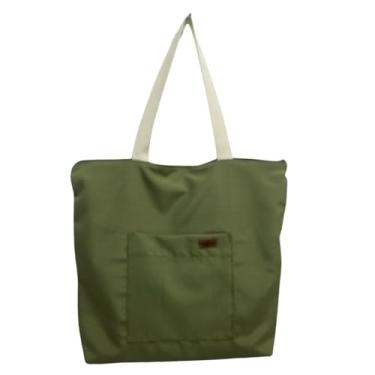 Imagem de Bolsa Tote Bag tecido semi impermeável, com zíper, bolsos, faculdade, trabalho, passeio, feminino, unissex. (Verde Militar/Alça Off white)