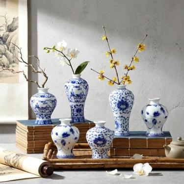 Imagem de LemonRoad 6 peças de vasos de porcelana azul e branco 14 cm de altura, mini chinoiserie clássico, vaso de flores de cerâmica para decoração de casa, escritório, festa, decoração e eventos (elegante)