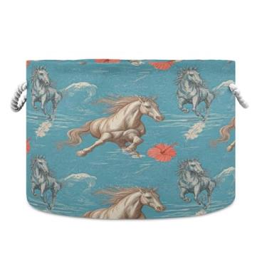 Imagem de Burbuja Cesta de armazenamento redonda de hibisco de cavalos de corrida com alças de corda de algodão, cesta de lavanderia para cobertores, brinquedos, berçário, decoração de sala de estar