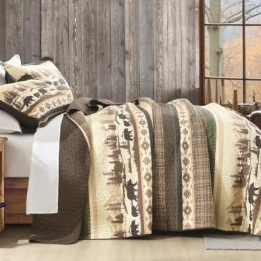 Imagem de Finlonte Conjunto de edredom tamanho Queen, 100% algodão, conjunto de edredom com 3 peças, colcha listrada e acolchoada para todas as estações (250 x 228 cm)