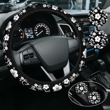 Imagem de Capa de volante de flor de hibisco para mulheres e homens, antiderrapante de alta elasticidade, acessórios de carro, capas de volante, universal de 38 cm para carros, SUVS, inclui 2 porta-copos de