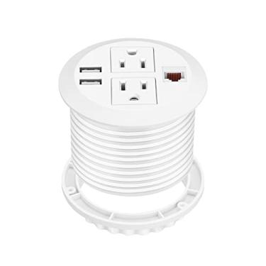 Imagem de BTU Ilhós de energia de mesa 3", tomada de tomada de energia embutida tira de energia com 2 saídas CA e 2 portas USB e 1 cabos de extensão CAT6 e 3 m para computador, mesa, cozinha, escritório, casa, hotel, branco