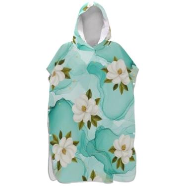 Imagem de Joisal Roupão para adultos, poncho de surfe, com capuz, toalha de praia, estampada, plus size, homens, mulheres, poncho com capuz, flores de magnólia branca, mármore azul-petróleo